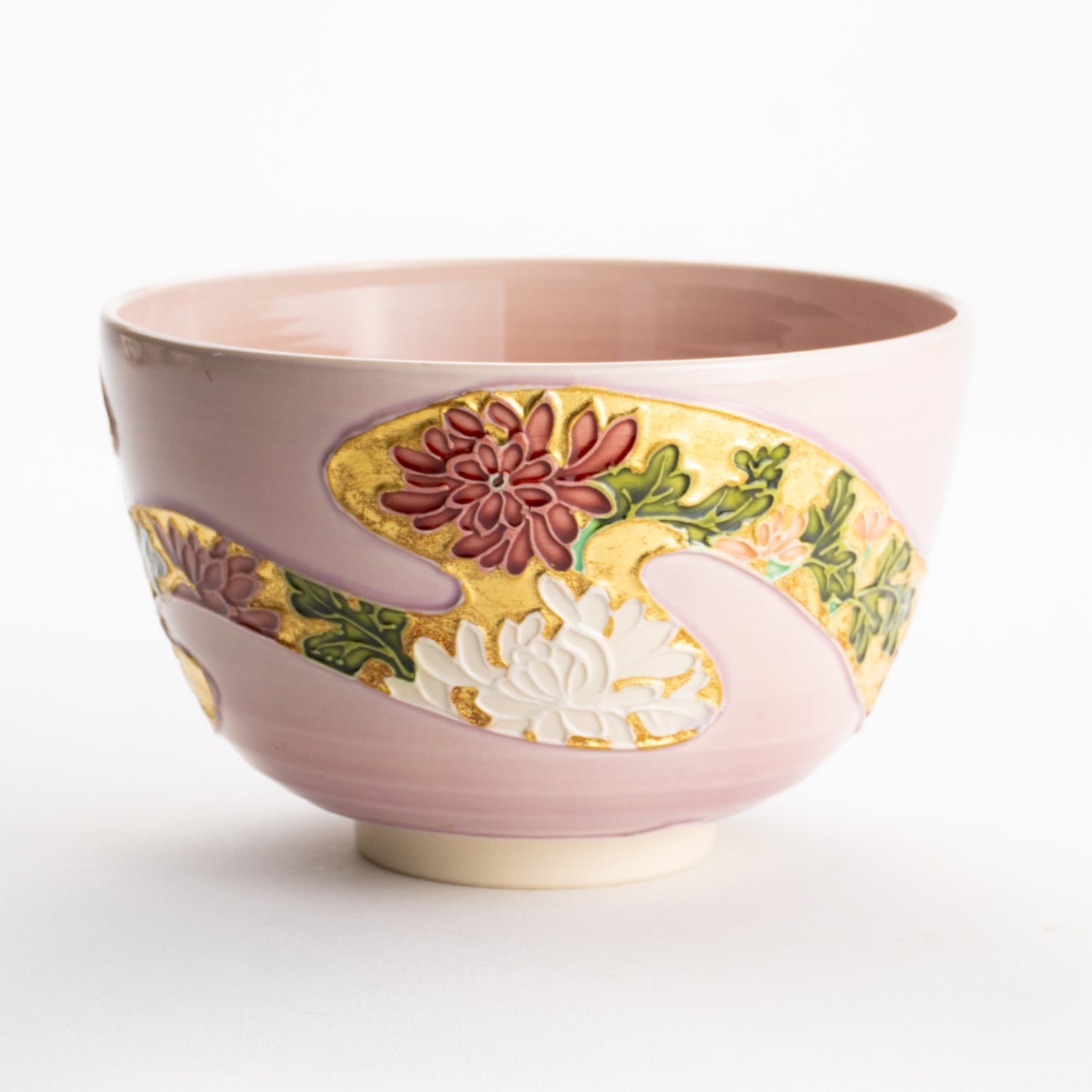 【清水焼】抹茶碗　桃交趾 四季草花　山本一如 KOTOPOTTER