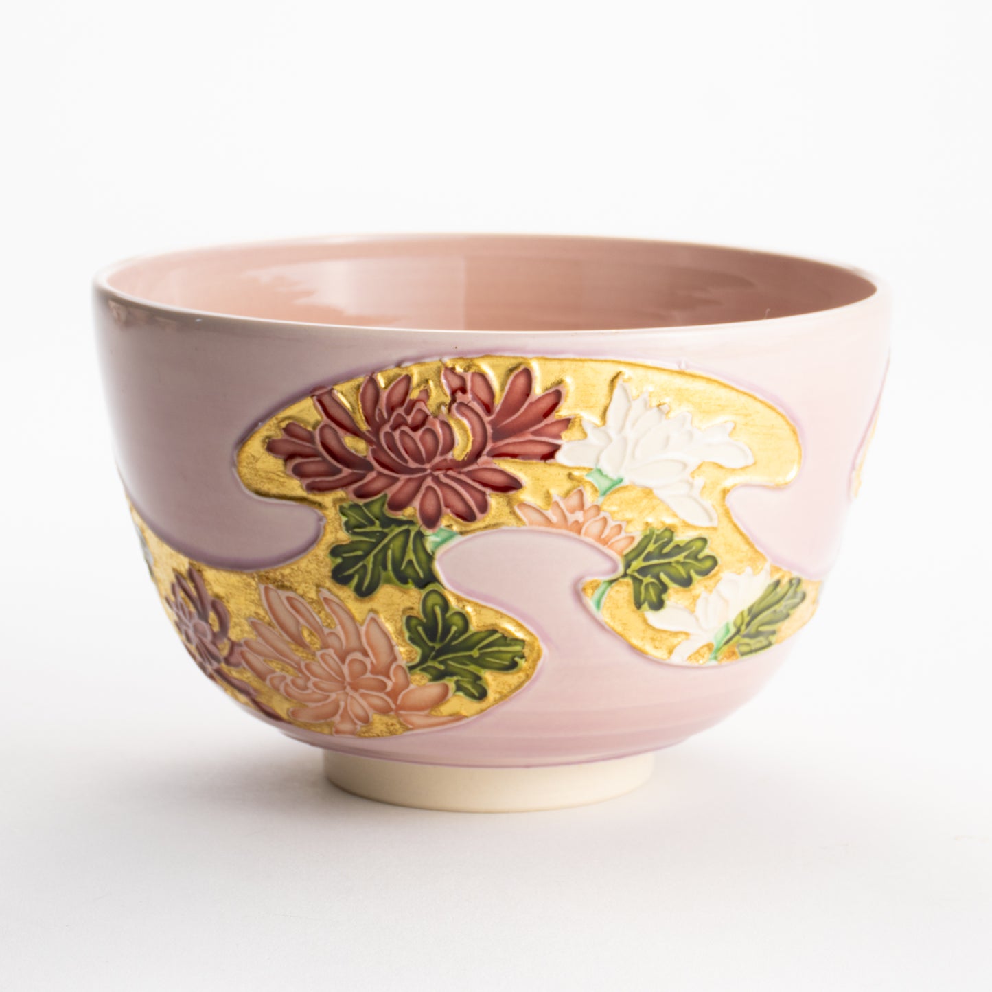 【清水焼】抹茶碗　桃交趾 四季草花　山本一如 KOTOPOTTER