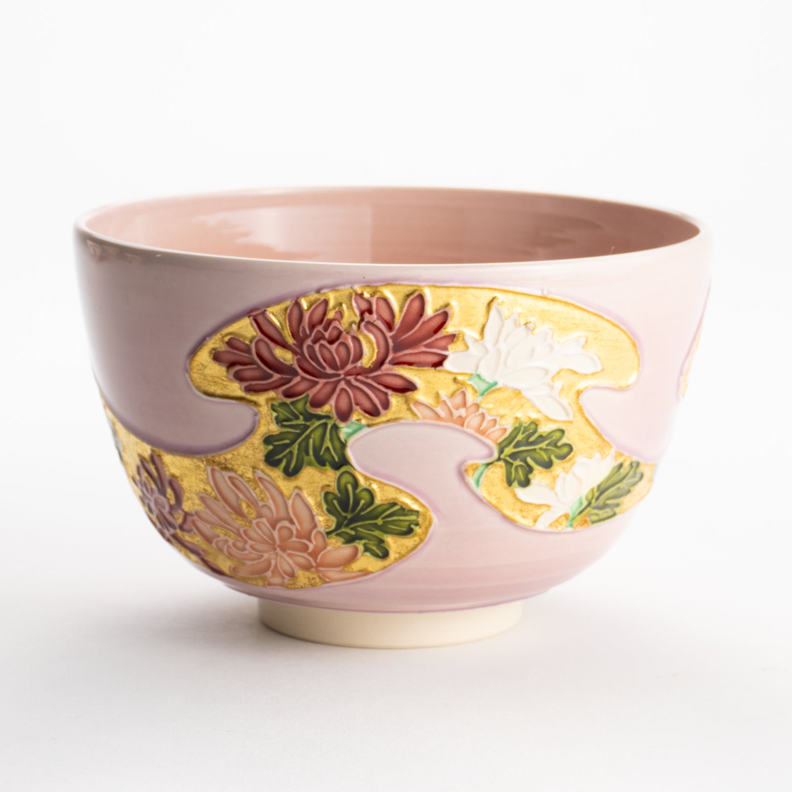 【清水焼】抹茶碗　桃交趾 四季草花　山本一如 KOTOPOTTER