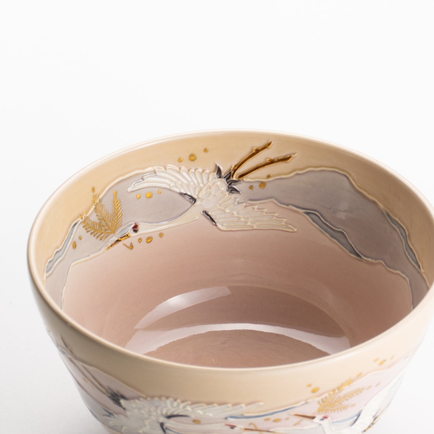 【清水焼】抹茶碗　淡桃交趾 朝焼け鶴　山本一如 KOTOPOTTER