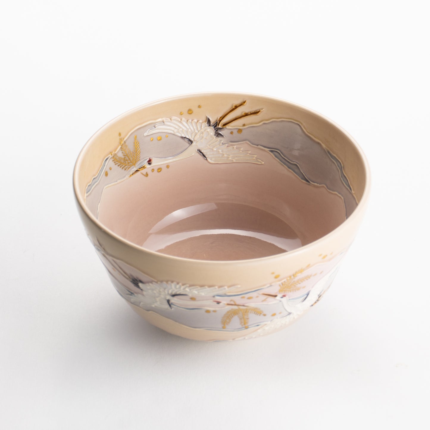 【清水焼】抹茶碗　淡桃交趾 朝焼け鶴　山本一如 KOTOPOTTER