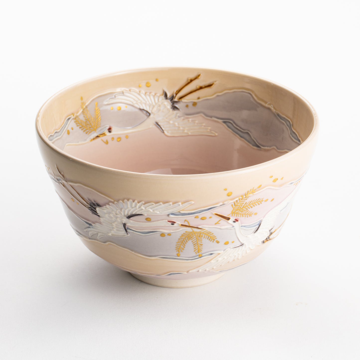 【清水焼】抹茶碗　淡桃交趾 朝焼け鶴　山本一如 KOTOPOTTER