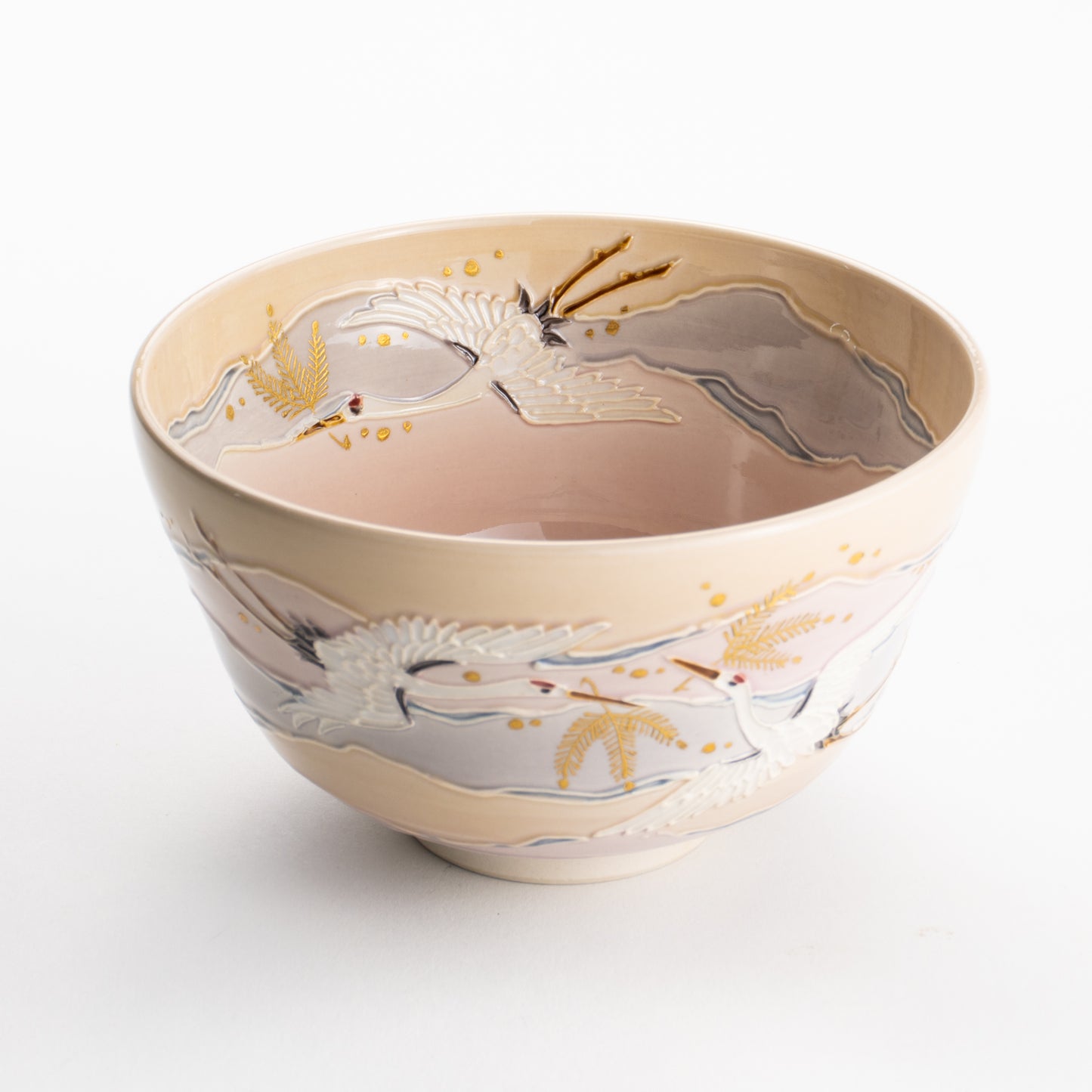 【清水焼】抹茶碗　淡桃交趾 朝焼け鶴　山本一如 KOTOPOTTER