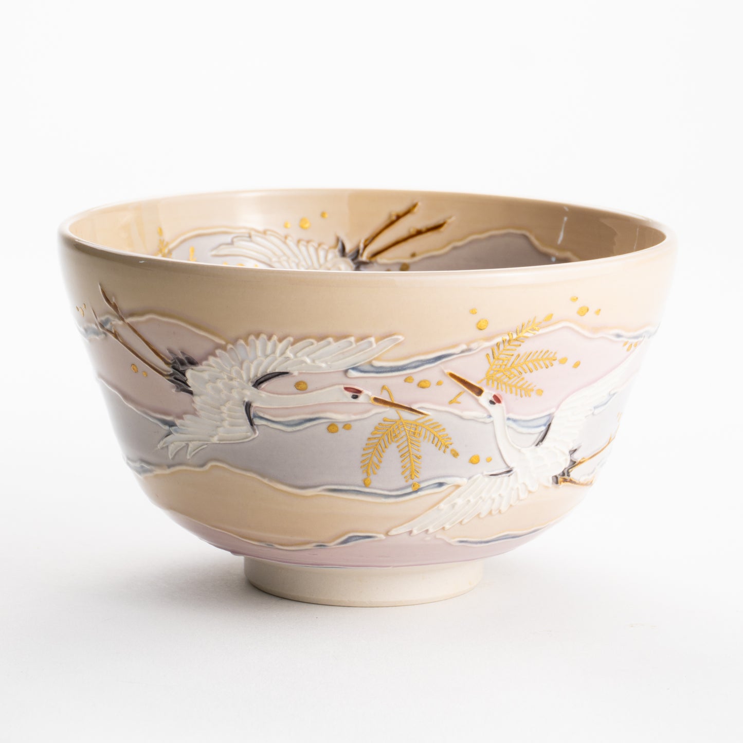 【清水焼】抹茶碗　淡桃交趾 朝焼け鶴　山本一如 KOTOPOTTER