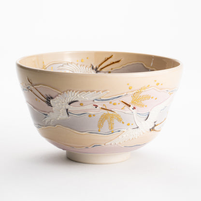 【清水焼】抹茶碗　淡桃交趾 朝焼け鶴　山本一如 KOTOPOTTER