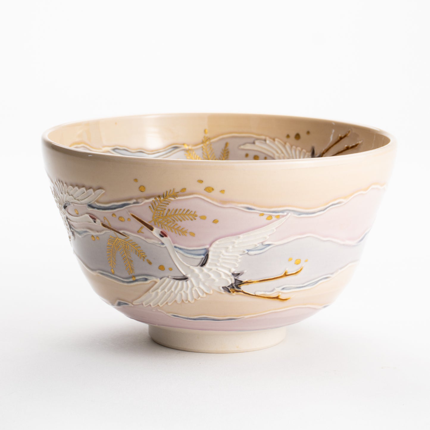 【清水焼】抹茶碗　淡桃交趾 朝焼け鶴　山本一如 KOTOPOTTER