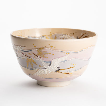 【清水焼】抹茶碗　淡桃交趾 朝焼け鶴　山本一如 KOTOPOTTER