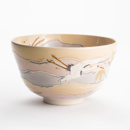 【清水焼】抹茶碗　淡桃交趾 朝焼け鶴　山本一如 KOTOPOTTER