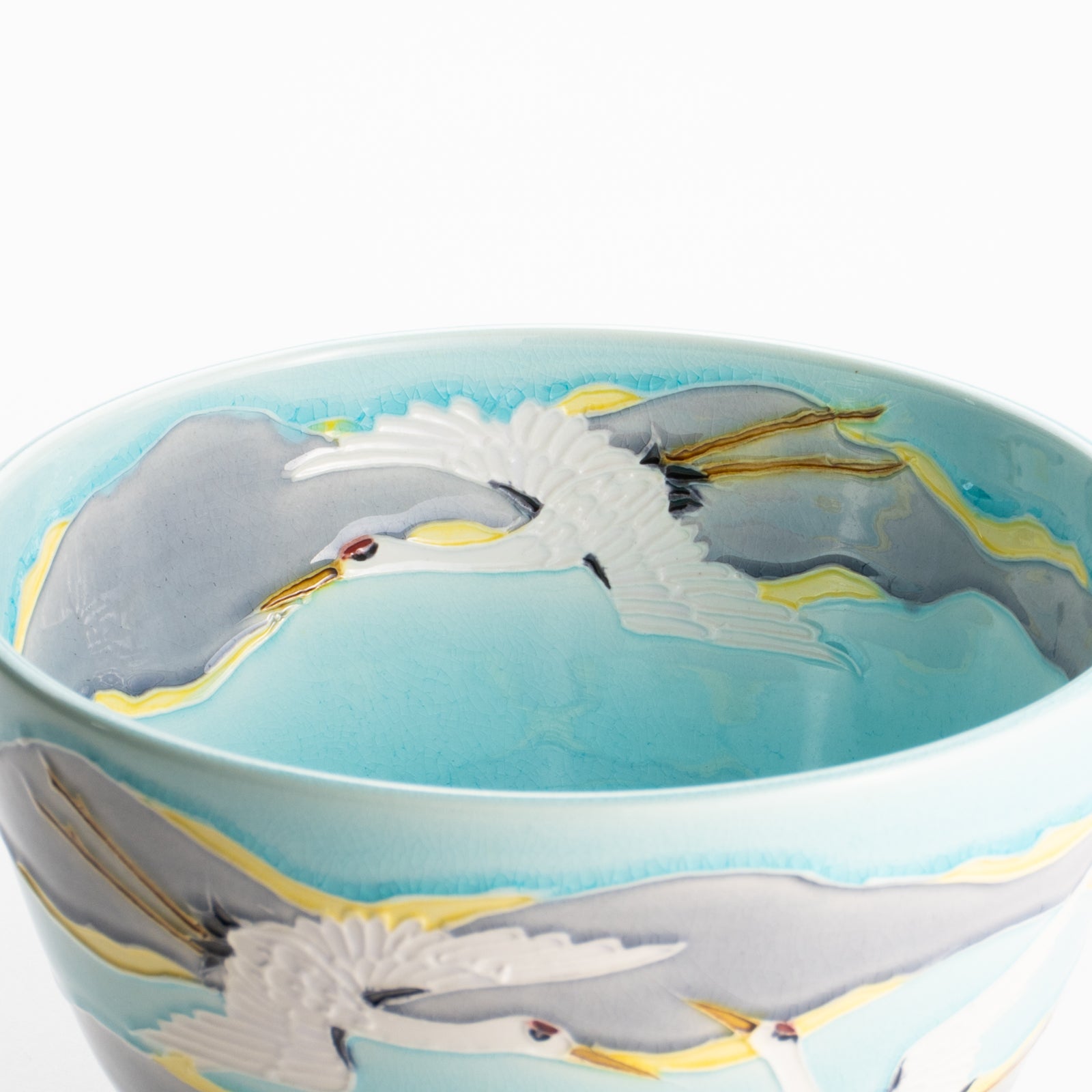 【清水焼】抹茶碗　淡青交趾 朝焼け鶴　山本一如 KOTOPOTTER