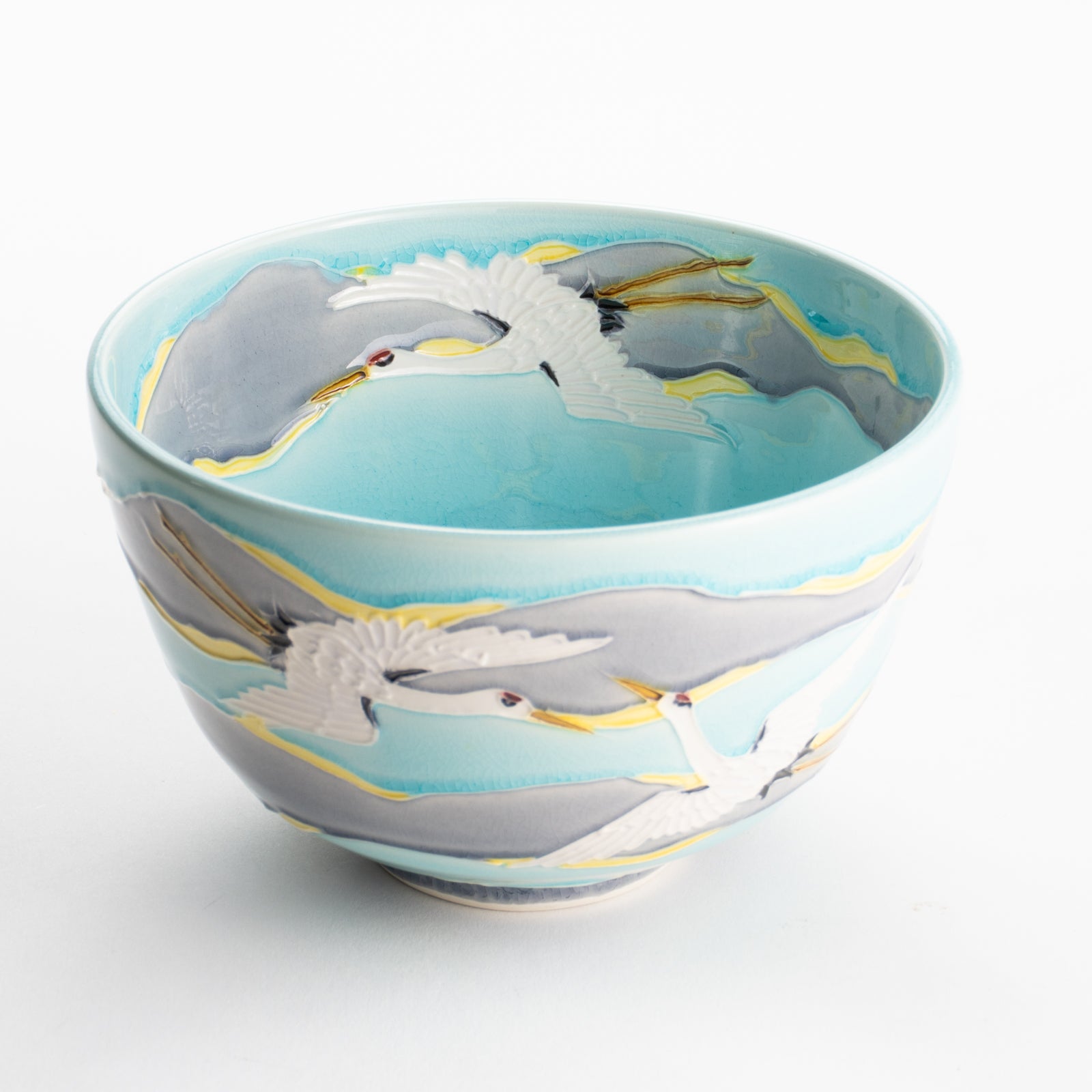 【清水焼】抹茶碗　淡青交趾 朝焼け鶴　山本一如 KOTOPOTTER