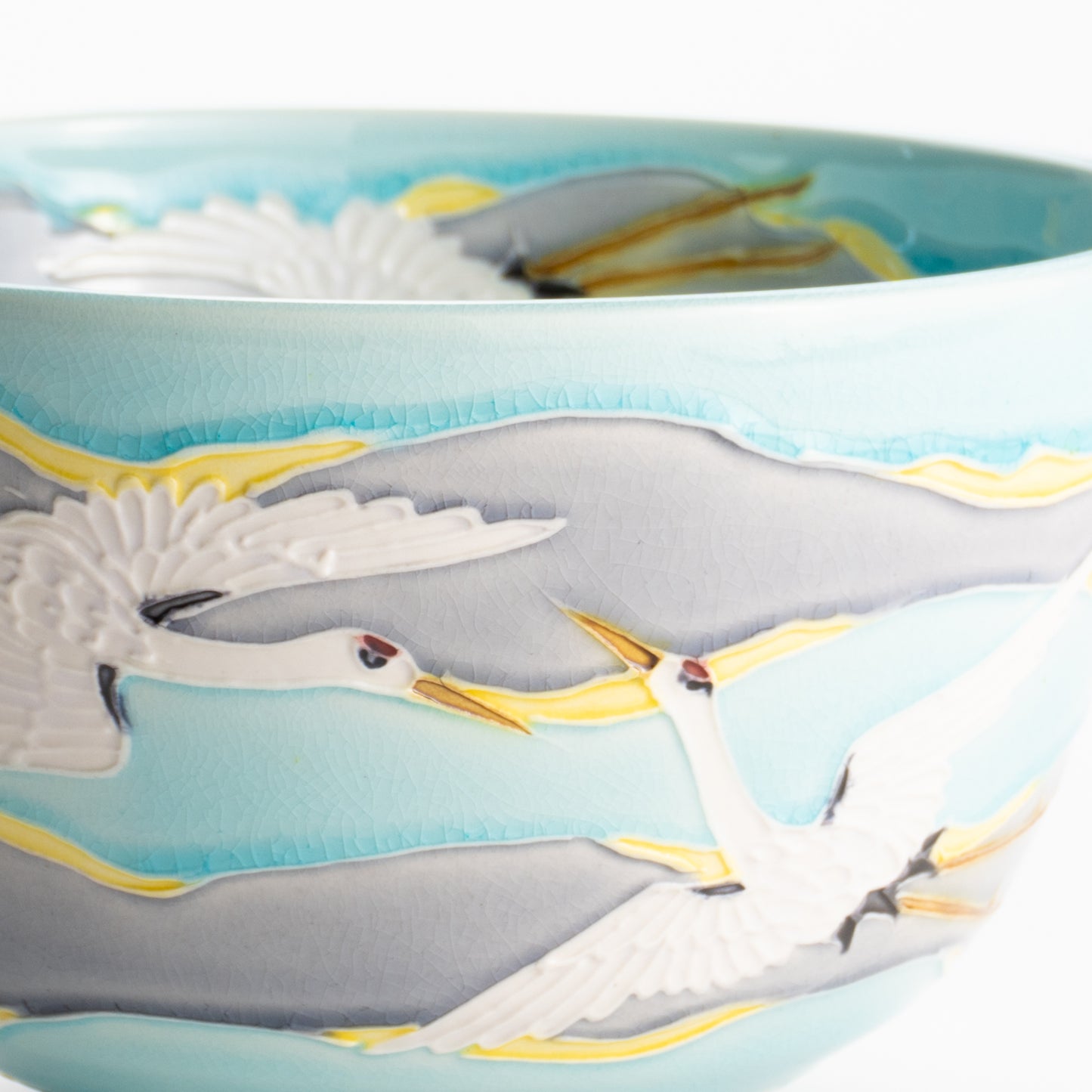 【清水焼】抹茶碗　淡青交趾 朝焼け鶴　山本一如 KOTOPOTTER