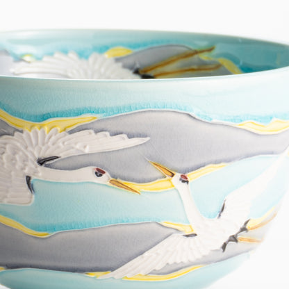 【清水焼】抹茶碗　淡青交趾 朝焼け鶴　山本一如 KOTOPOTTER