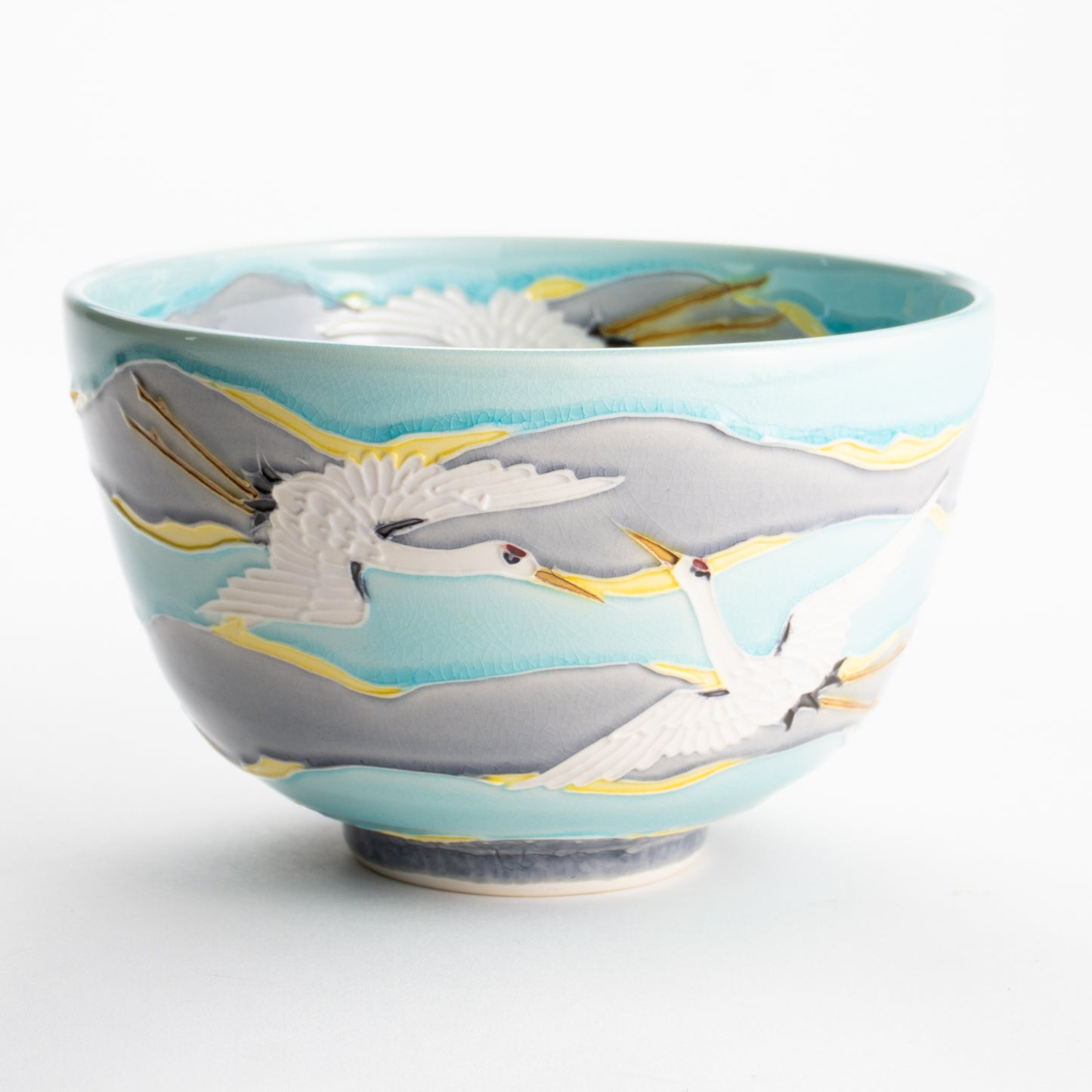 【清水焼】抹茶碗　淡青交趾 朝焼け鶴　山本一如 KOTOPOTTER