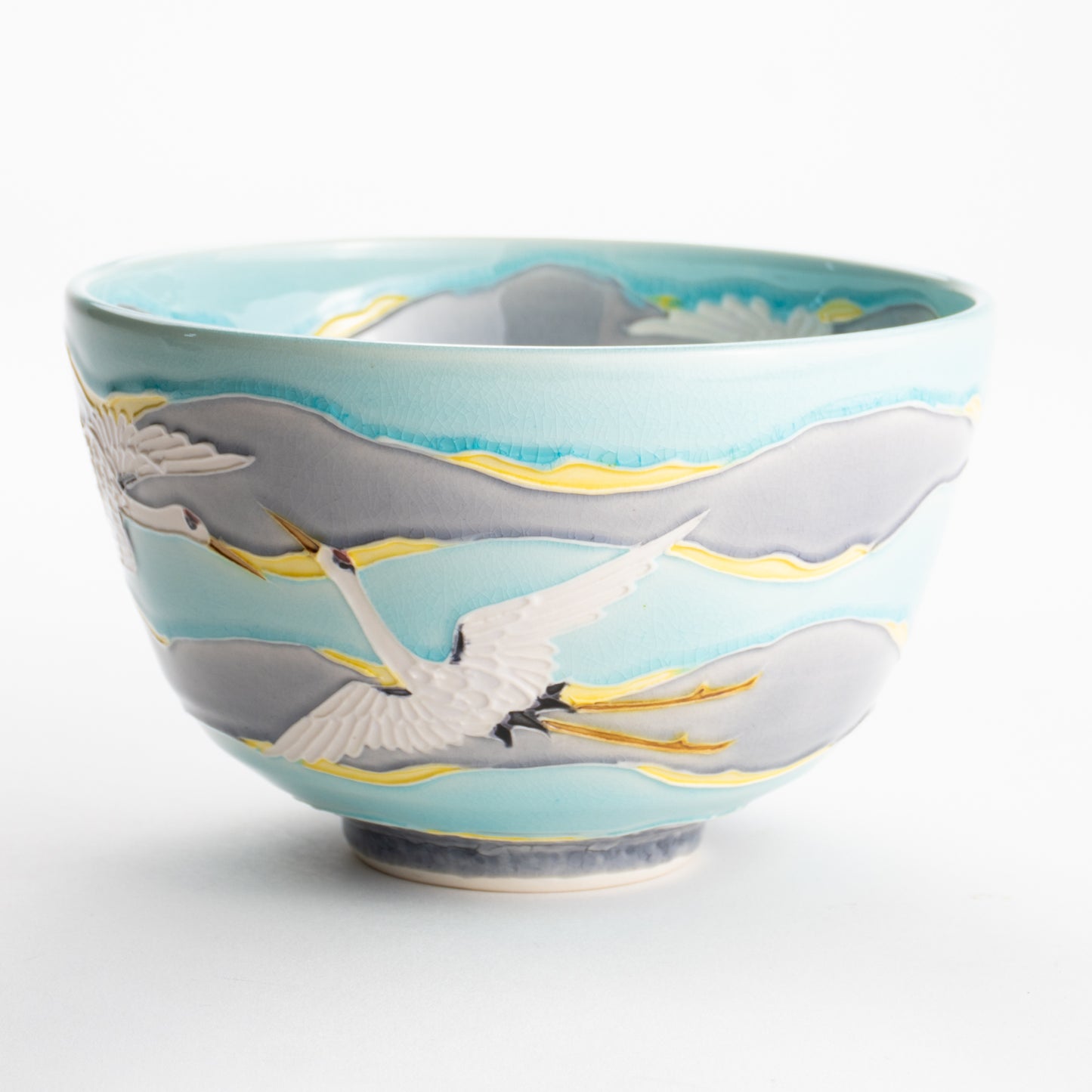 【清水焼】抹茶碗　淡青交趾 朝焼け鶴　山本一如 KOTOPOTTER