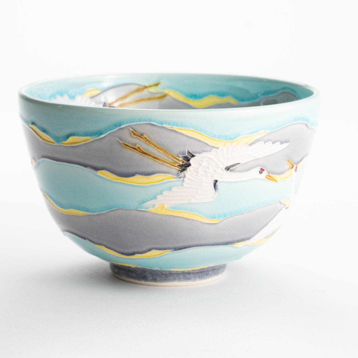 【清水焼】抹茶碗　淡青交趾 朝焼け鶴　山本一如 KOTOPOTTER