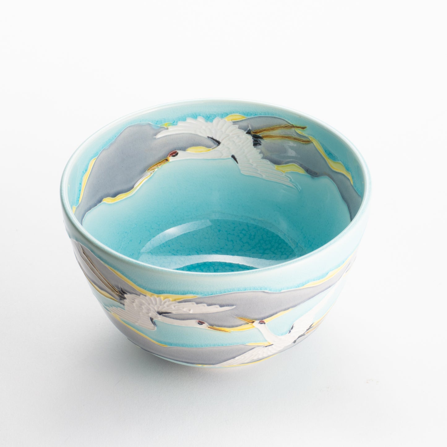 【清水焼】抹茶碗　淡青交趾 朝焼け鶴　山本一如 KOTOPOTTER