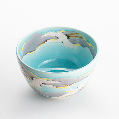 【清水焼】抹茶碗　淡青交趾 朝焼け鶴　山本一如 KOTOPOTTER