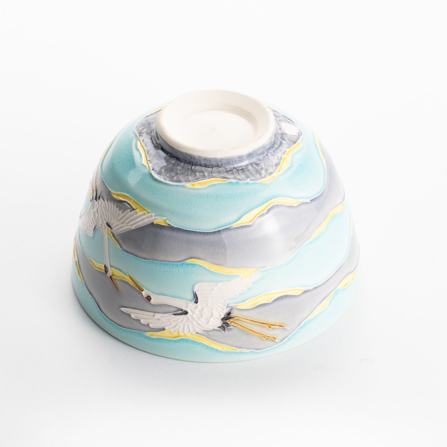 【清水焼】抹茶碗　淡青交趾 朝焼け鶴　山本一如 KOTOPOTTER