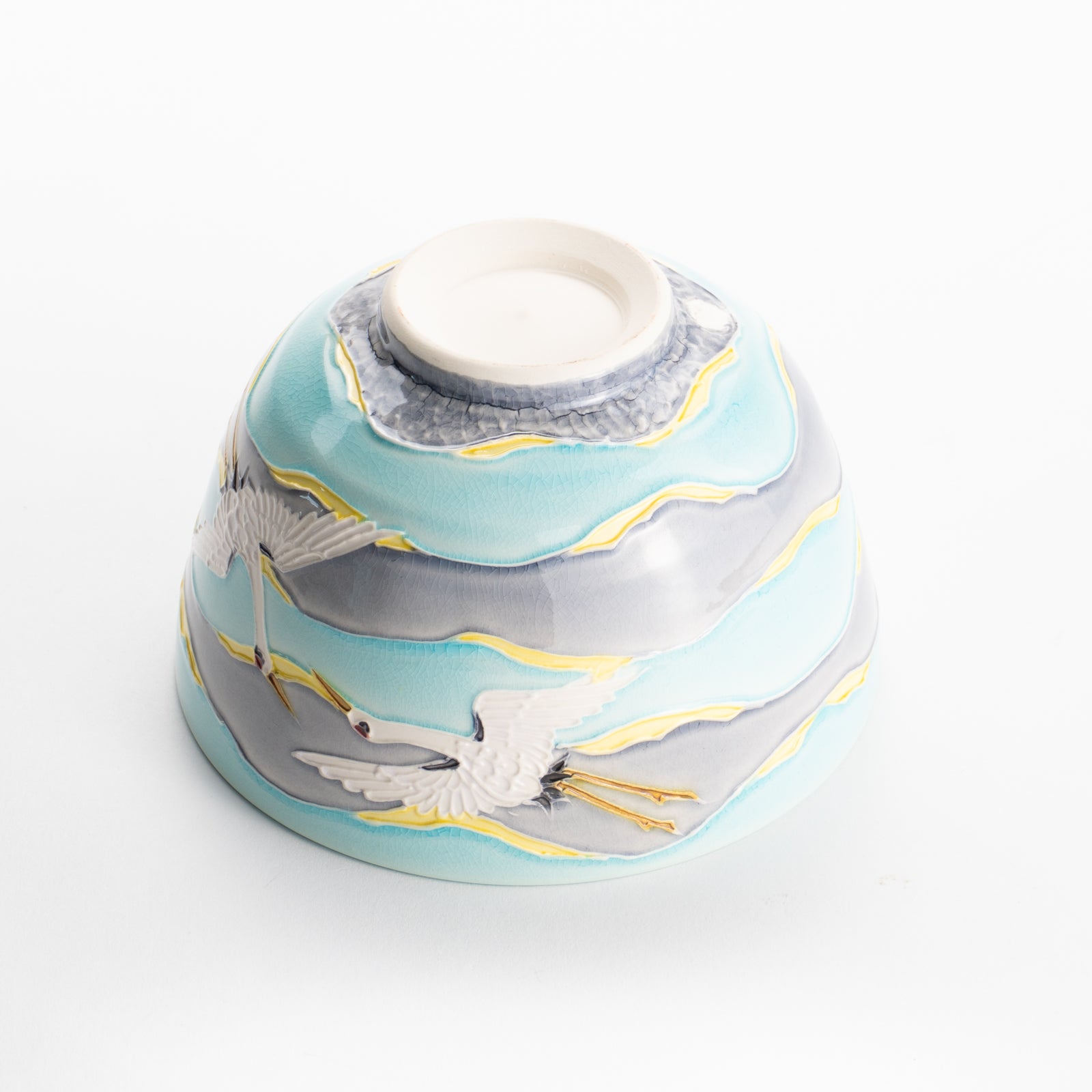 【清水焼】抹茶碗　淡青交趾 朝焼け鶴　山本一如 KOTOPOTTER