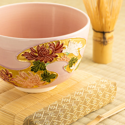 【清水焼】抹茶碗　桃交趾 四季草花　山本一如 KOTOPOTTER