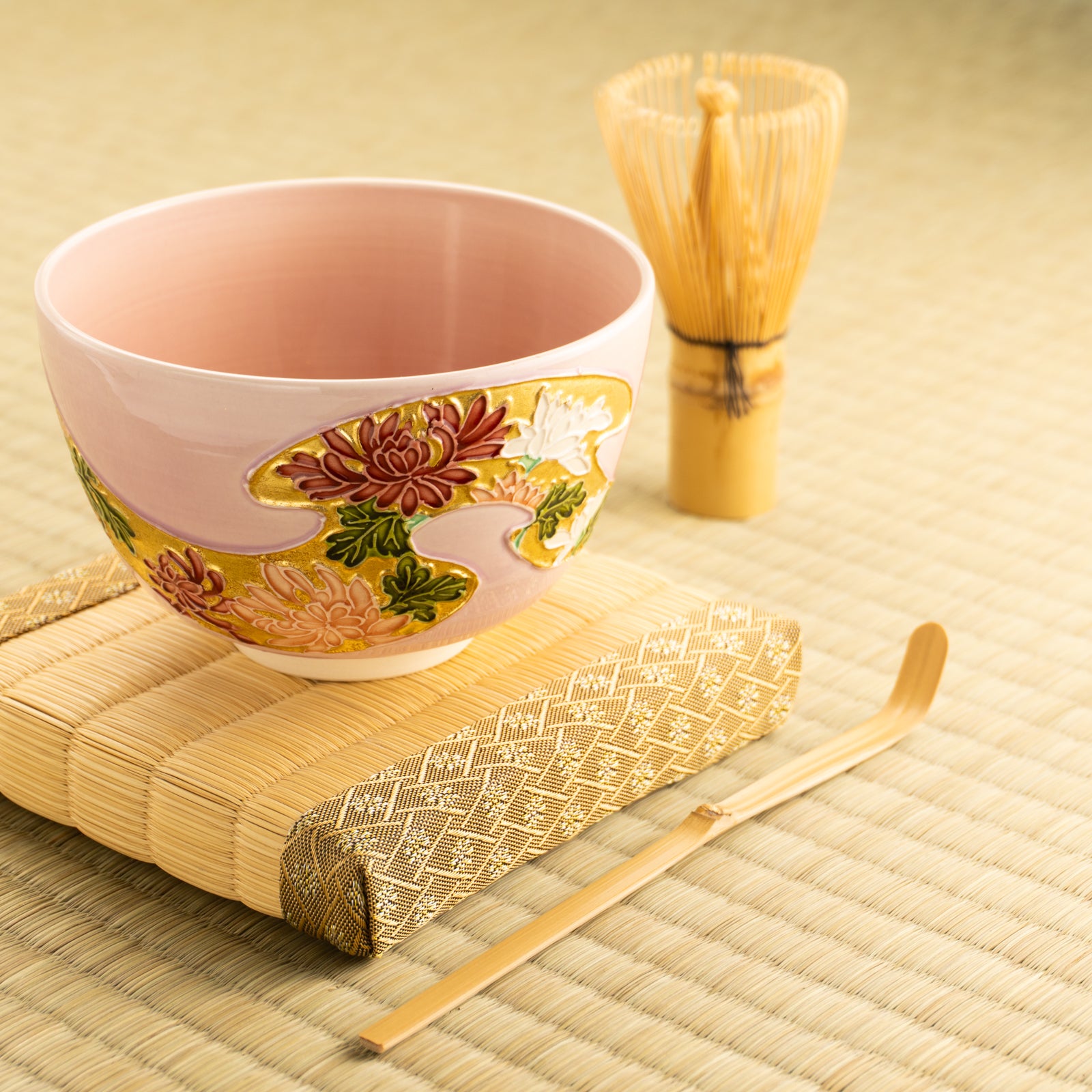 【清水焼】抹茶碗　桃交趾 四季草花　山本一如 KOTOPOTTER