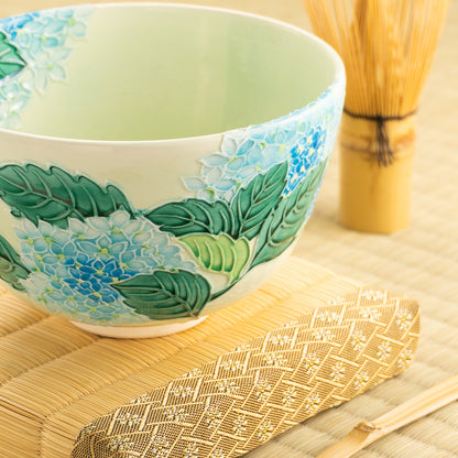 【清水焼】抹茶碗　白緑交趾 紫陽花　山本一如 KOTOPOTTER