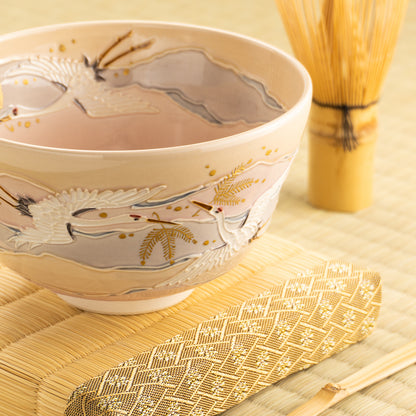 【清水焼】抹茶碗　淡桃交趾 朝焼け鶴　山本一如 KOTOPOTTER