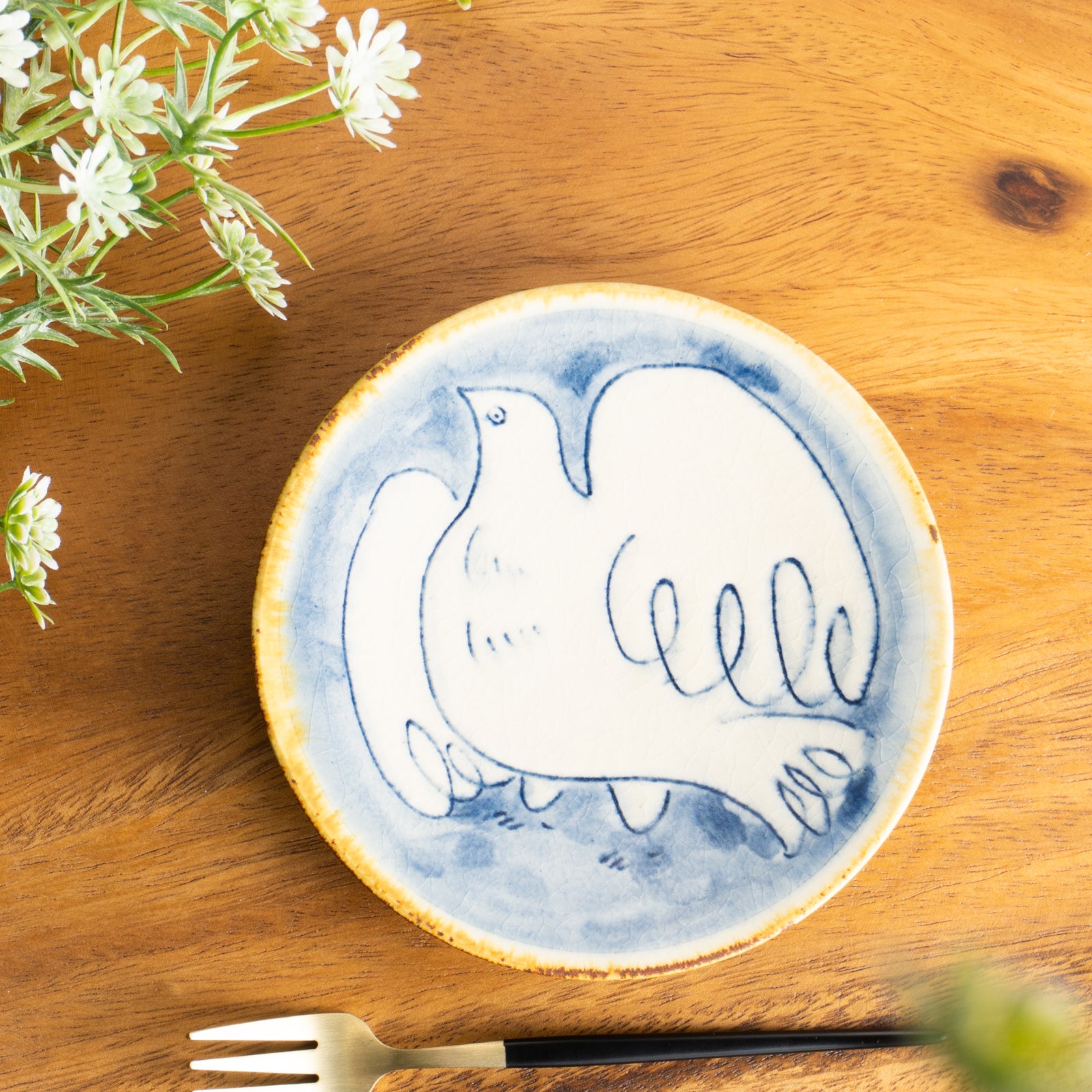 【清水焼】ペア小皿　安南手トリ 黄/白　的場美幸 KOTOPOTTER