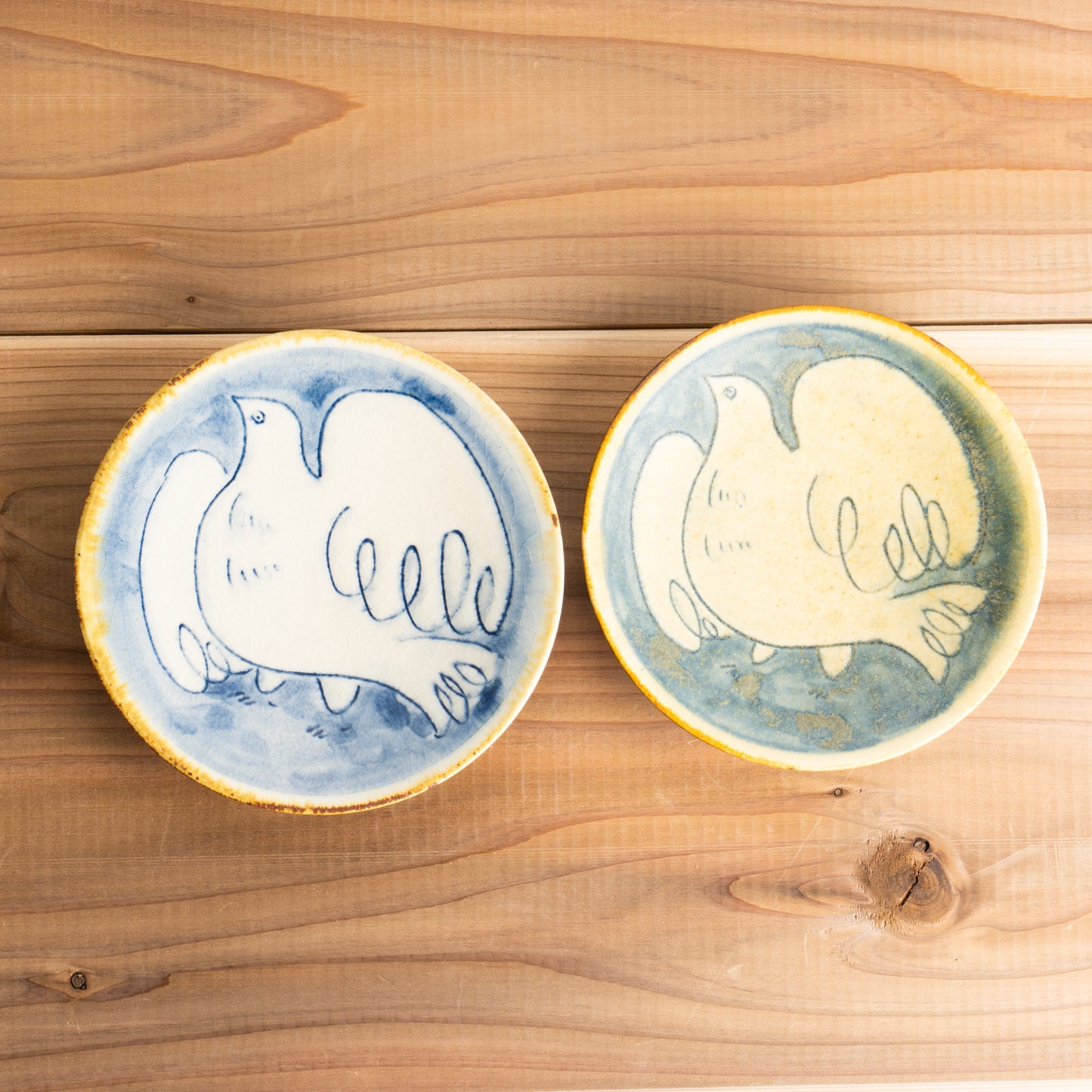 【清水焼】ペア小皿　安南手トリ 黄/白　的場美幸 KOTOPOTTER