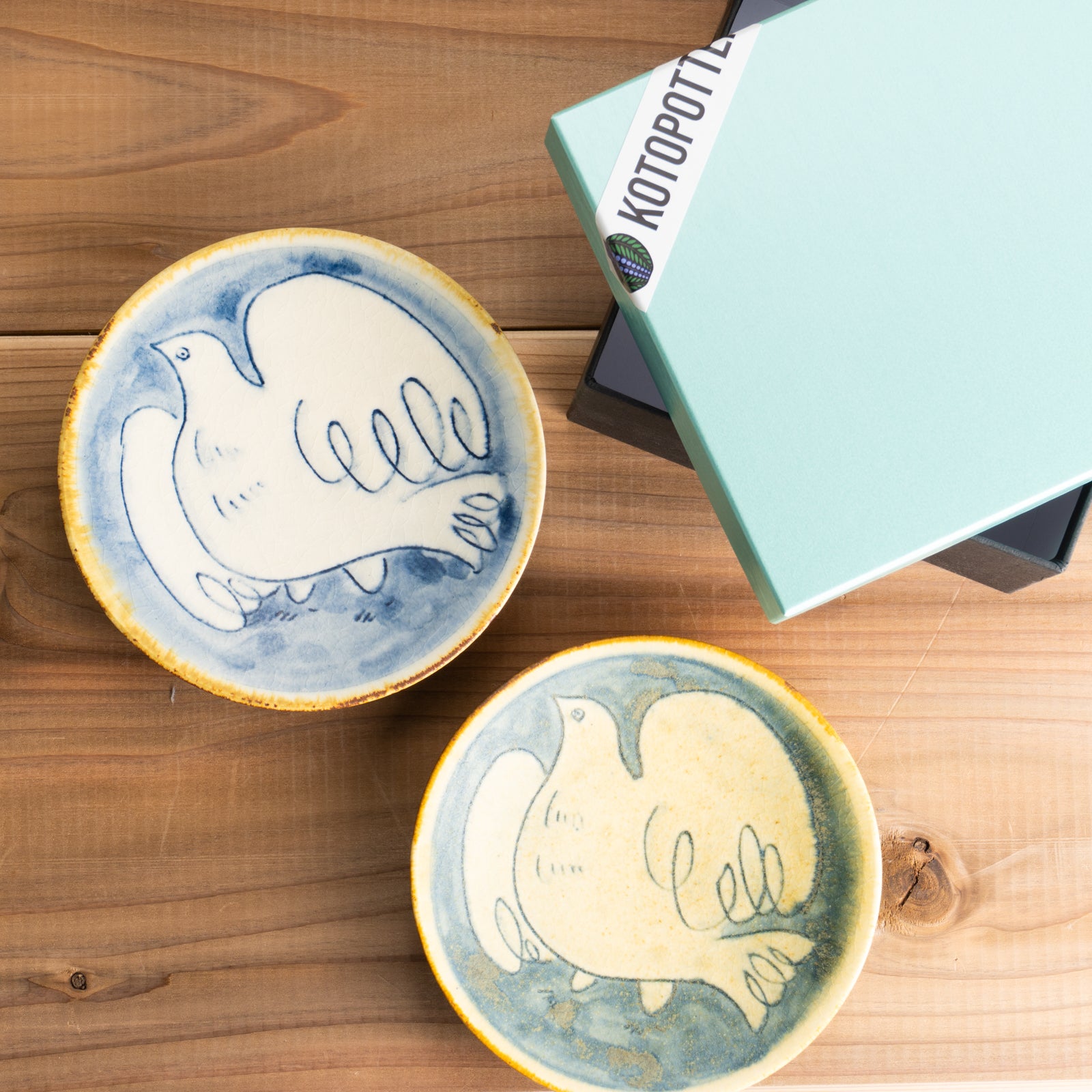 【清水焼】ペア小皿　安南手トリ 黄/白　的場美幸 KOTOPOTTER