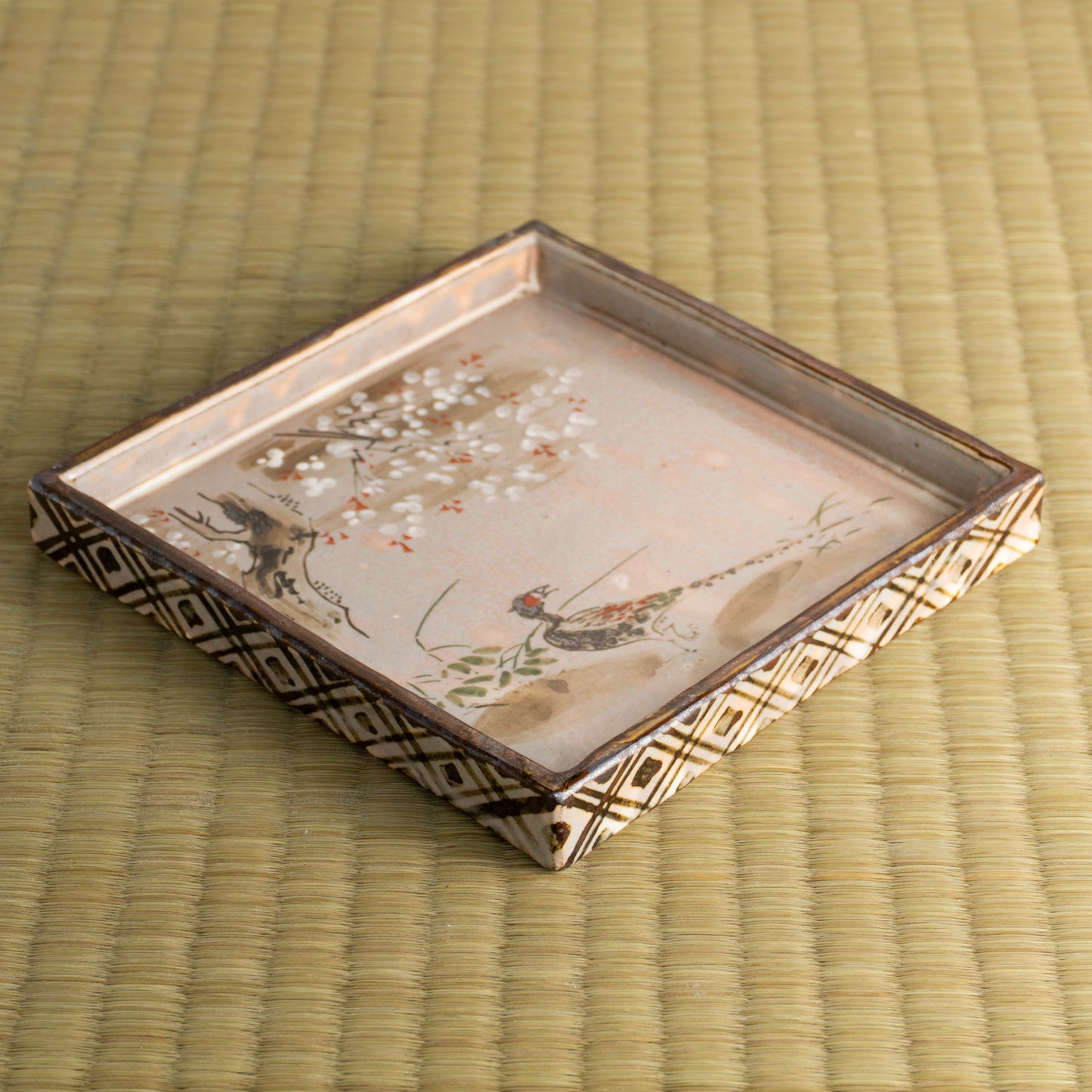 【清水焼】角皿　乾山写「桜に雉」　俊山窯 KOTOPOTTER