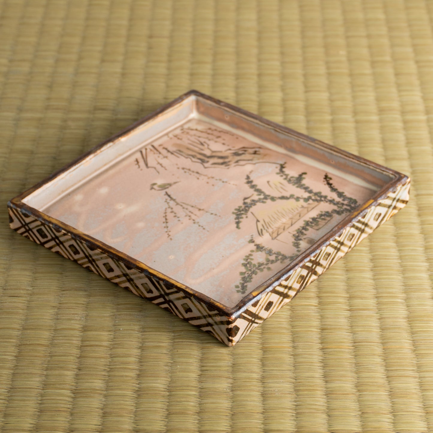 【清水焼】角皿　乾山写「柳に鶯」　俊山窯 KOTOPOTTER