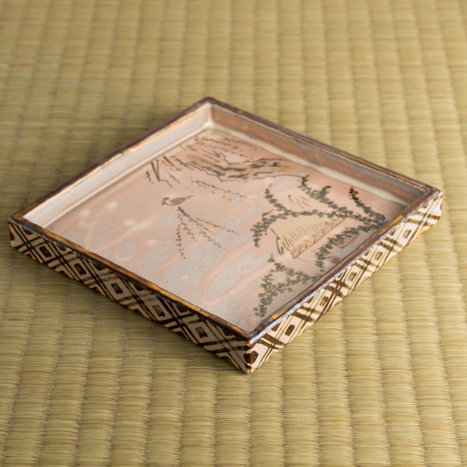 【清水焼】角皿　乾山写「柳に鶯」　俊山窯 KOTOPOTTER