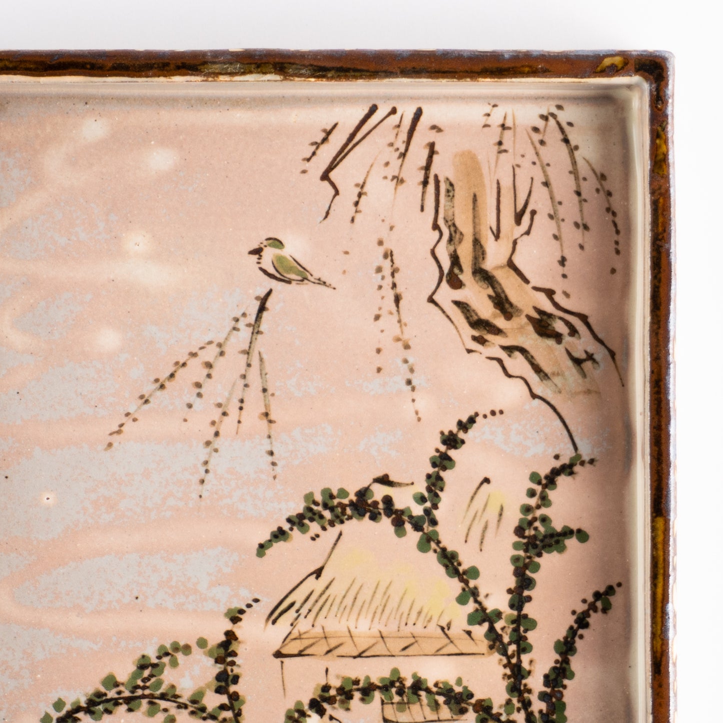 【清水焼】角皿　乾山写「柳に鶯」　俊山窯 KOTOPOTTER