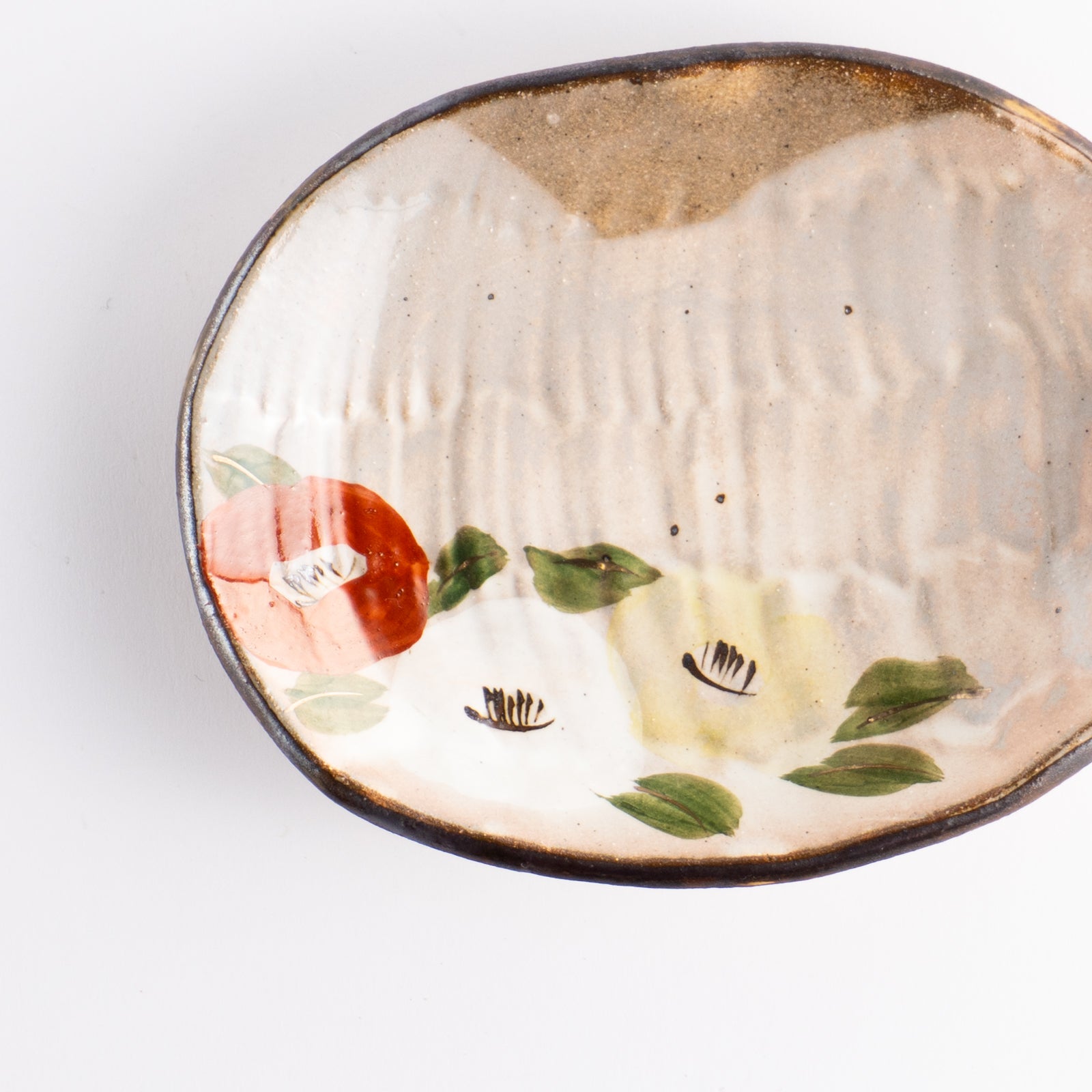 Kyoto Kiyomizu Ware] Oval Small Plate, Camellia, Shunzan Kiln