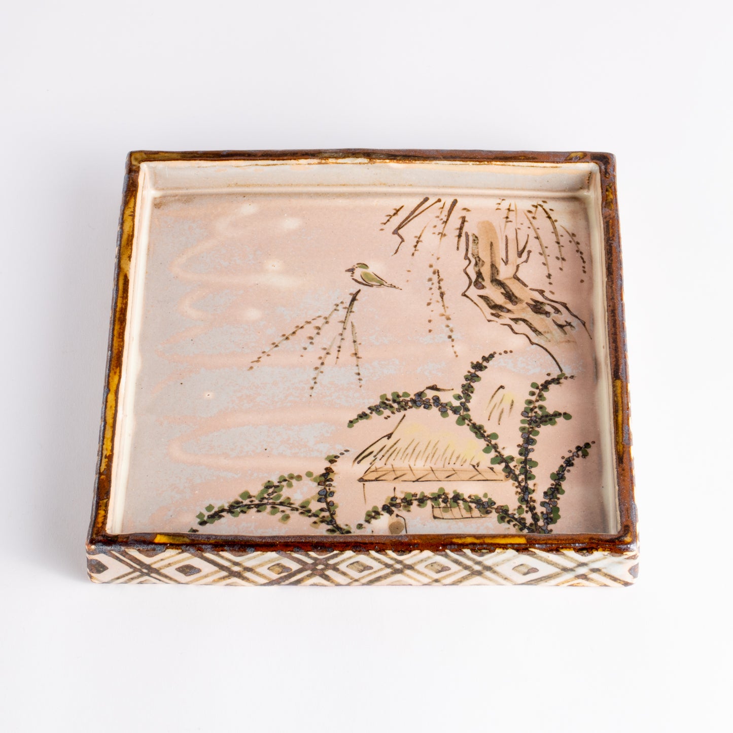 【清水焼】角皿　乾山写「柳に鶯」　俊山窯 KOTOPOTTER