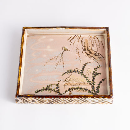 【清水焼】角皿　乾山写「柳に鶯」　俊山窯 KOTOPOTTER