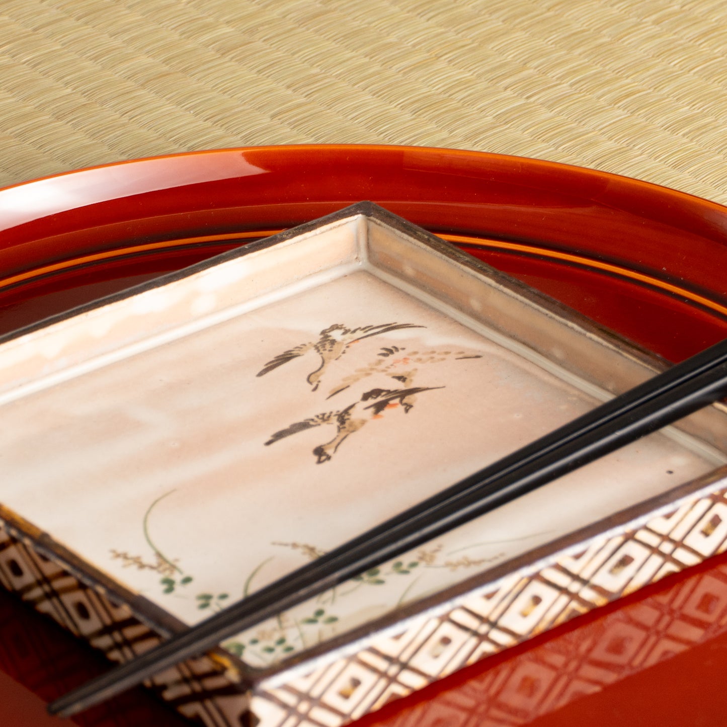 【清水焼】角皿　乾山写"初雁に鹿鳴草"　俊山窯 KOTOPOTTER