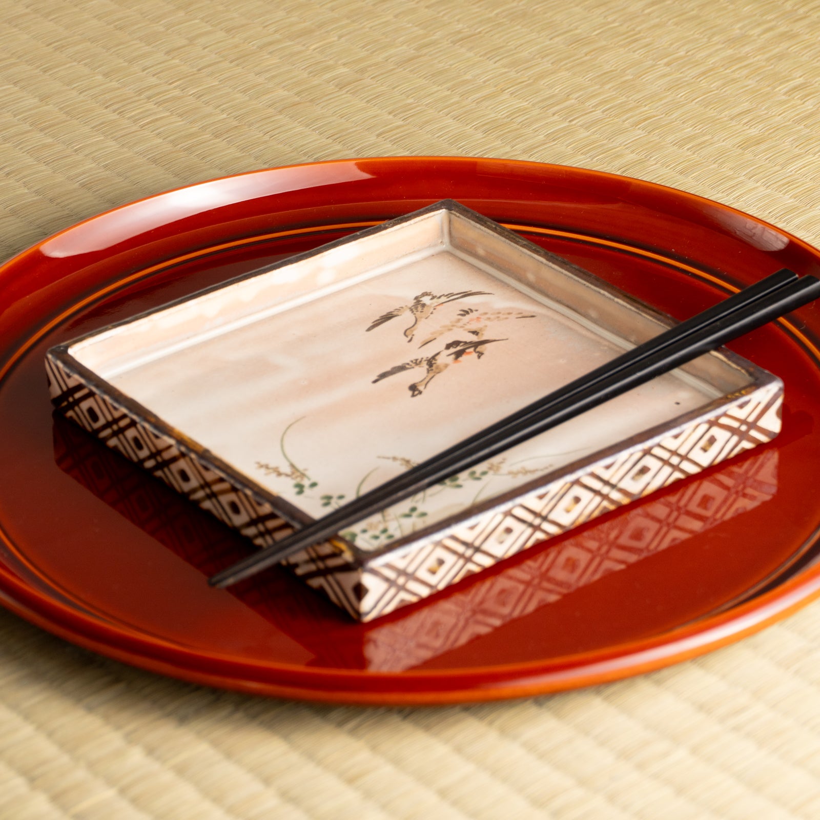 【清水焼】角皿　乾山写"初雁に鹿鳴草"　俊山窯 KOTOPOTTER