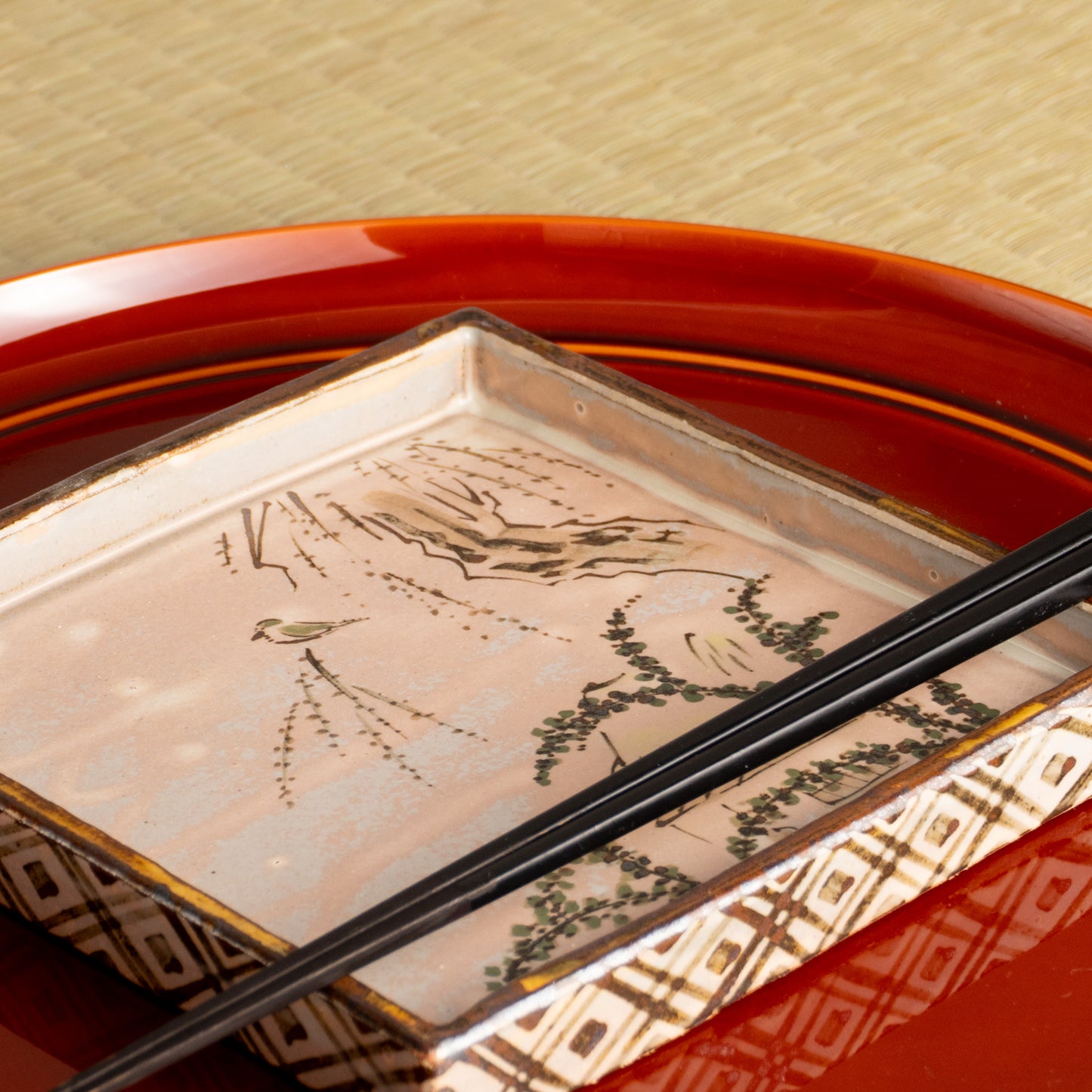 【清水焼】角皿　乾山写「柳に鶯」　俊山窯 KOTOPOTTER