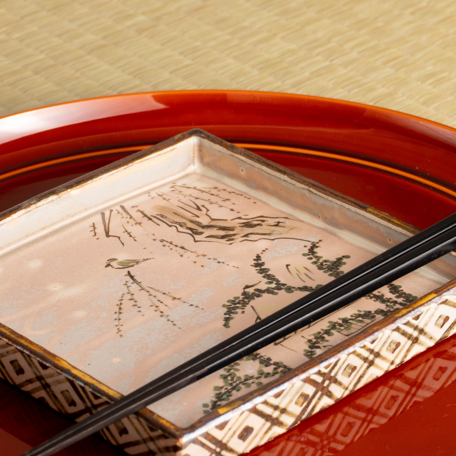 【清水焼】角皿　乾山写「柳に鶯」　俊山窯 KOTOPOTTER