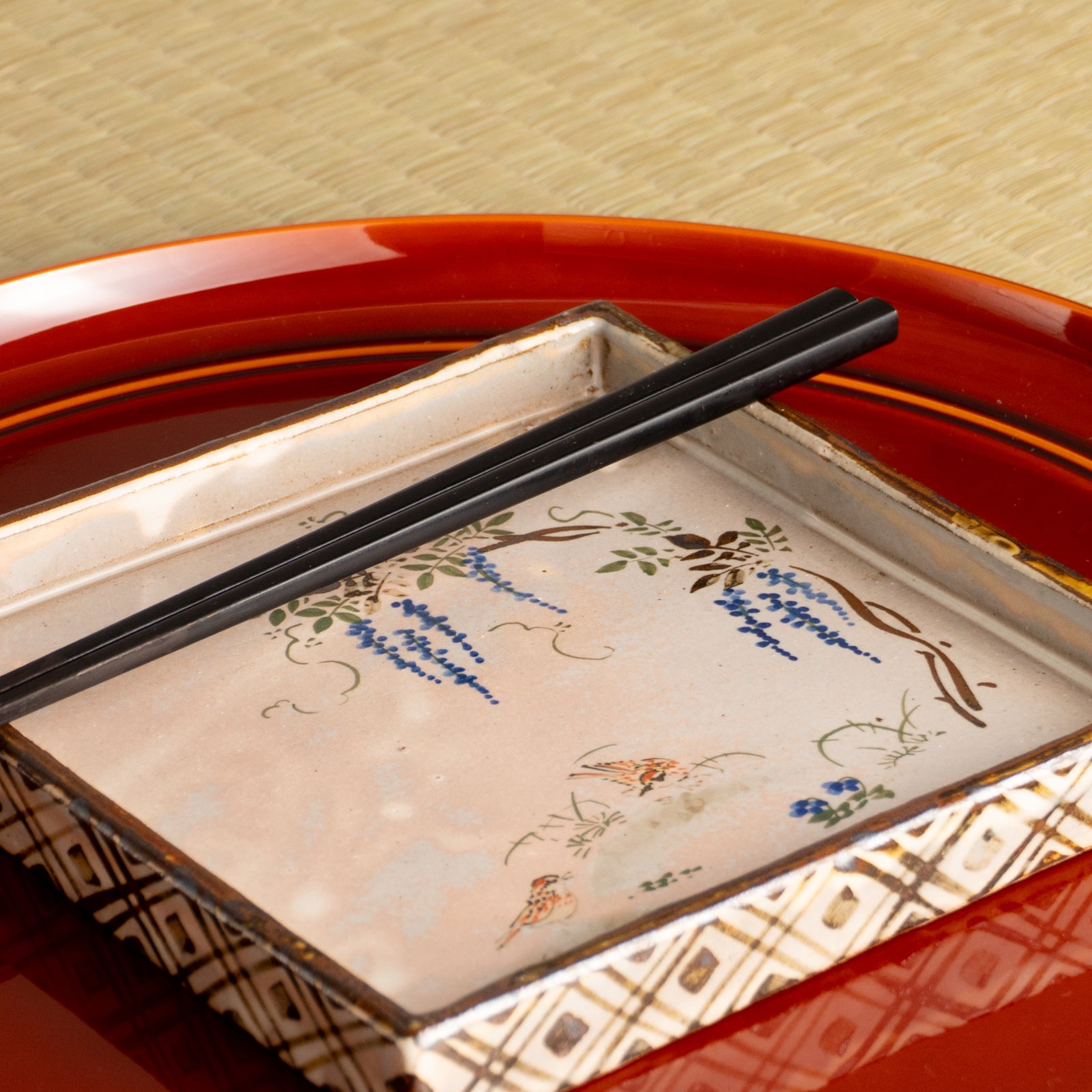 【清水焼】角皿　乾山写「藤に雲雀」　俊山窯 KOTOPOTTER