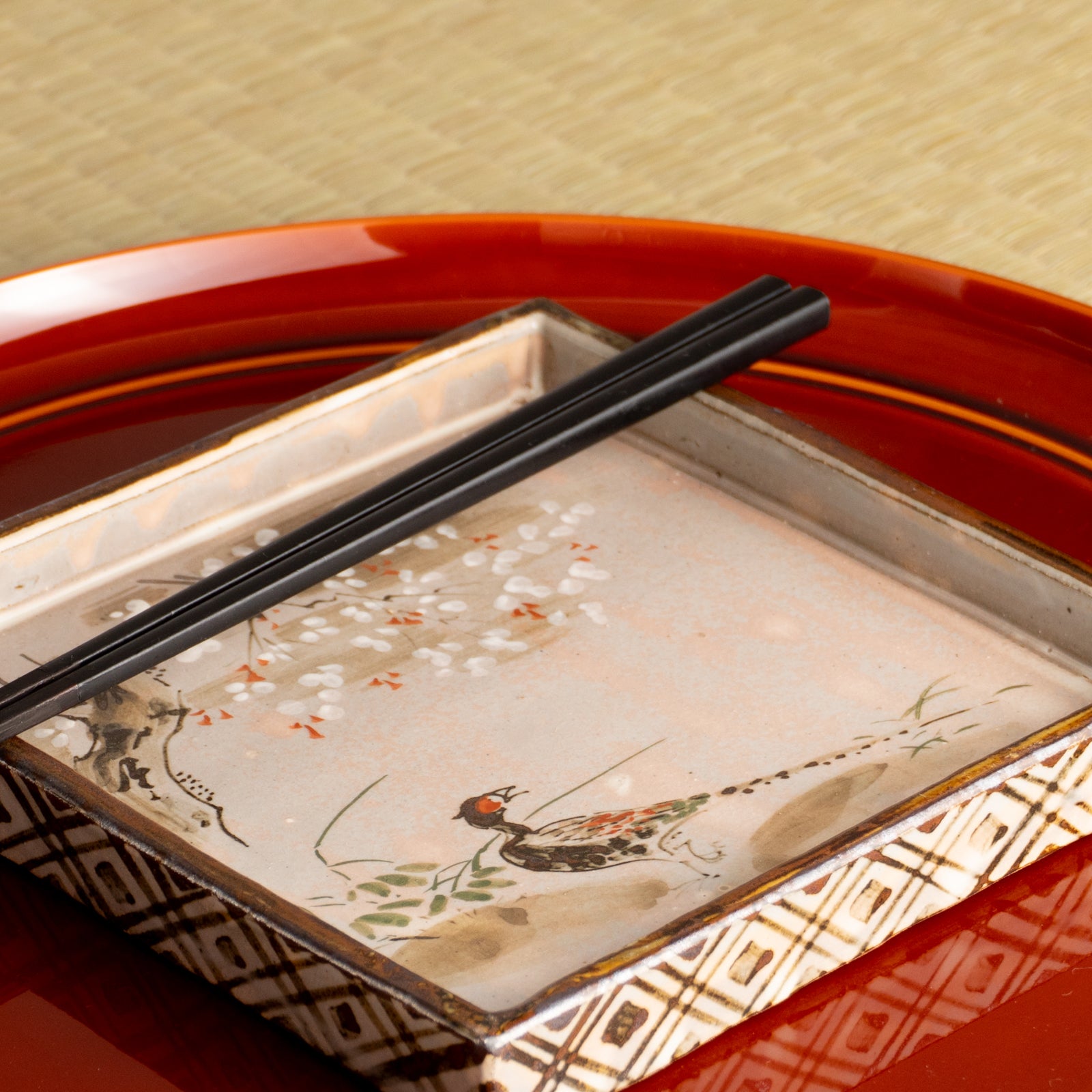 【清水焼】角皿　乾山写「桜に雉」　俊山窯 KOTOPOTTER