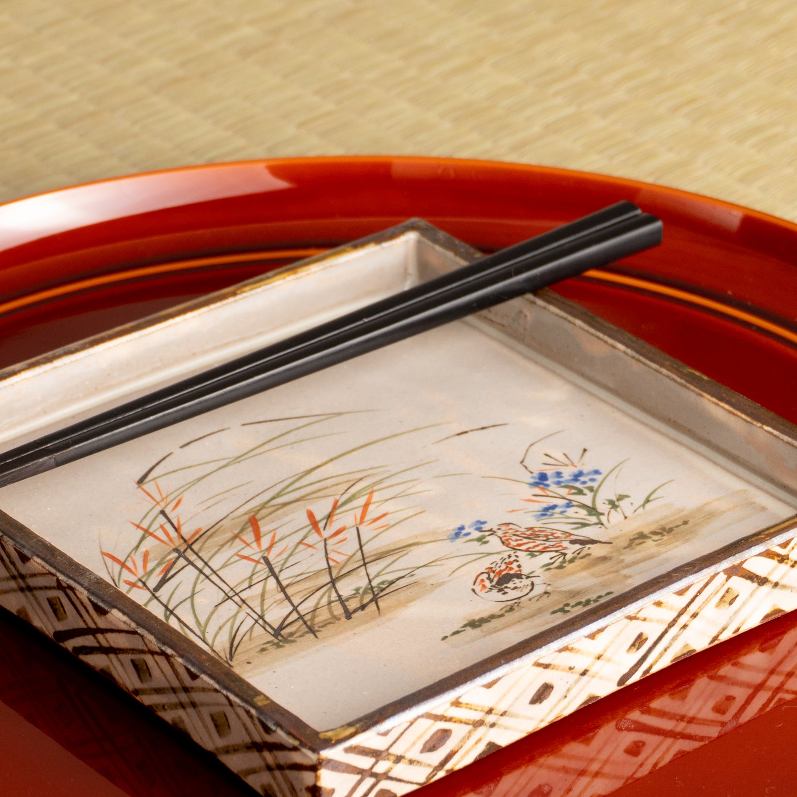 【清水焼】角皿　乾山写「薄に鶉」　俊山窯 KOTOPOTTER