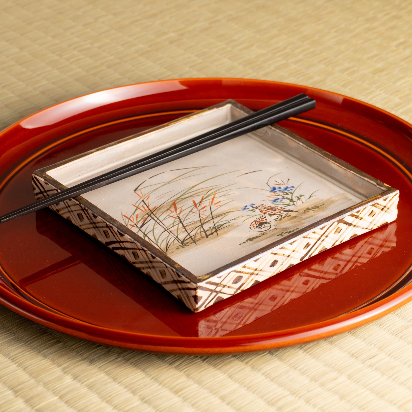 【清水焼】角皿　乾山写「薄に鶉」　俊山窯 KOTOPOTTER