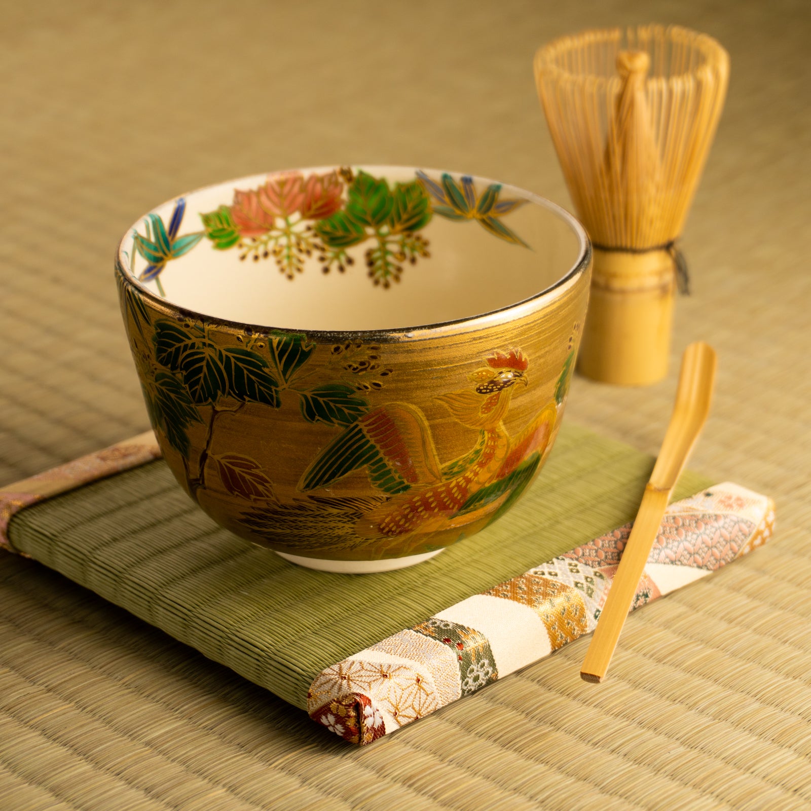 京都清水烧抹茶碗金底《桐与凤凰》｜如水｜KOTOPOTTER