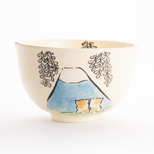 抹茶碗　仲良し猫「富士山と藤」　工房咲楽 KOTOPOTTER