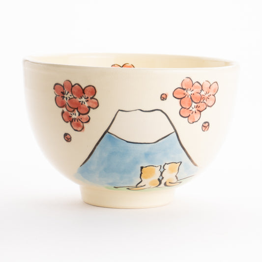 抹茶碗　仲良し猫「富士山と梅」　工房咲楽 KOTOPOTTER