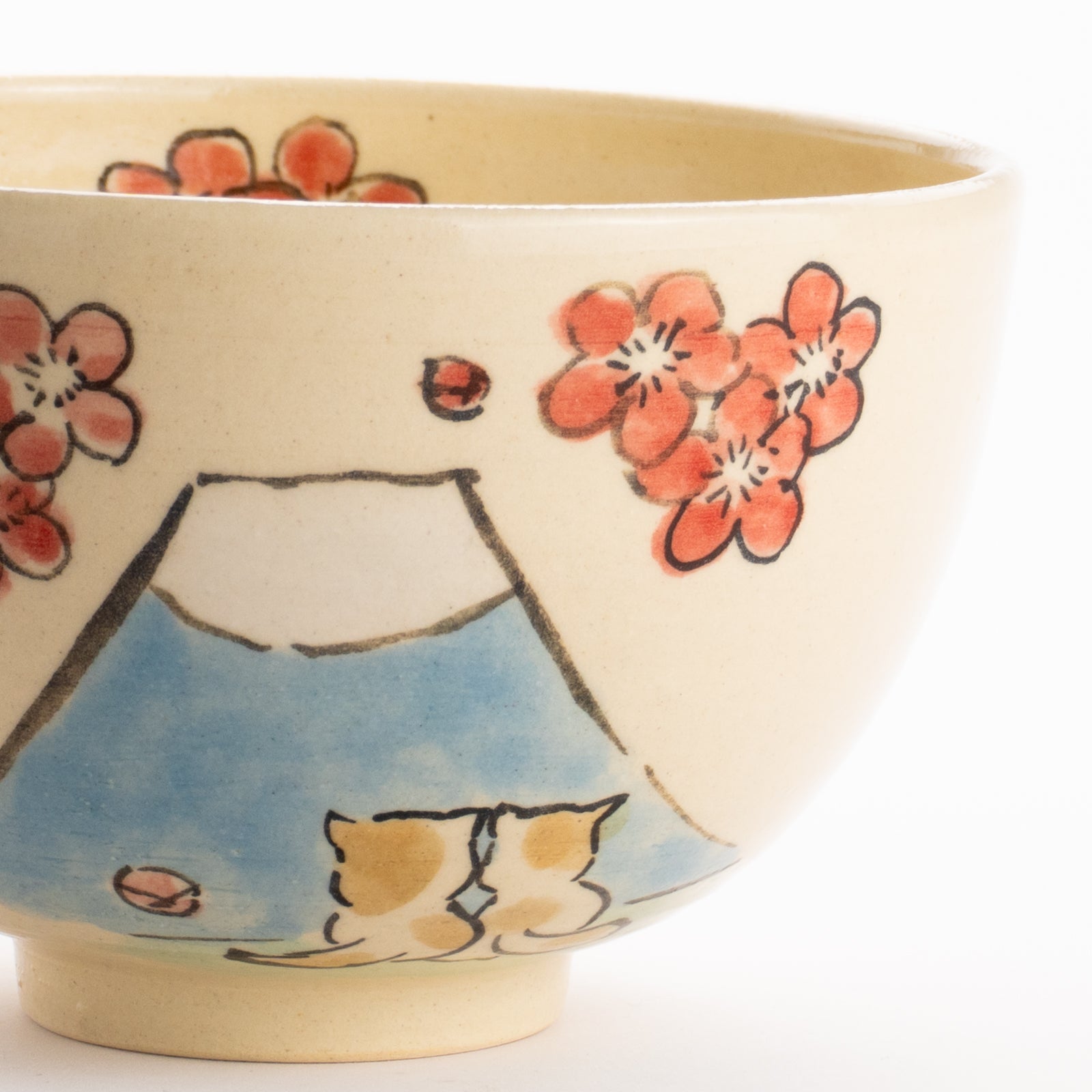 京都清水烧抹茶碗亲密猫《富士山与梅》｜工房咲楽｜KOTOPOTTER