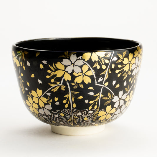 抹茶碗　黒釉 金銀桜　山岡善高 KOTOPOTTER